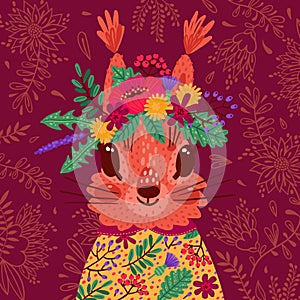 Hand drawn vector illustration with a cute squirrel in a flower wreath, for children s prints, greetings, posters, t