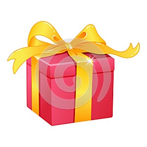 Hand drawn vector illustration of decorative Christmas pink gift box with yellow bow. Christmas present with ribbon
