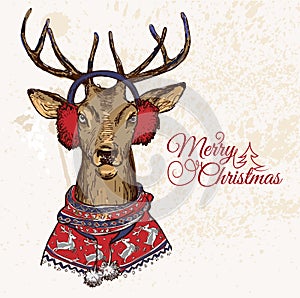 Hand Drawn Vector Illustration of Deer Hipster in Jacquard Sweater, Merry Christmas Card