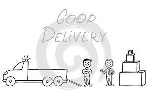 Hand drawn vector illustration, delivery men with truck