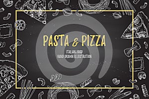 Hand drawn vector illustration - Different kinds of pasta and pi