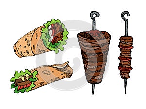 Hand drawn vector illustration of doner kebab. Roll, chicken roll, fast food, kebab, shawarma.