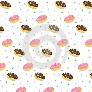 Hand drawn vector illustration of donut chocolate frosting and pink icing with colorful sweaty sprinkles pattern.