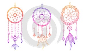 Hand drawn vector illustration of dream catcher in line work style. Dreamcatcher decorated with feathers and beads in countur draw