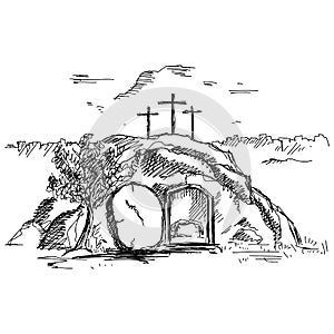 Hand-drawn vector illustration for Easter. The empty tomb after the resurrection of Jesus Christ