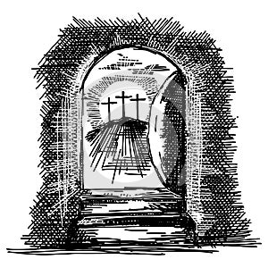 Hand-drawn vector illustration for Easter. A glimpse from the empty tomb of Jesus Christ. The morning of the resurrection