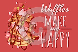 Hand drawn vector illustration of falling Viennese or Belgian waffles with strawberry, chocolate syrup and whipped cream with