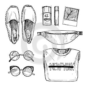 Hand drawn vector illustration - fashion accessories. Set of sty