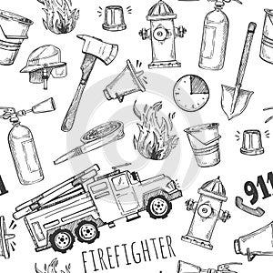 Hand drawn vector illustration - firefighter. Seamless pattern