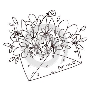 hand drawn vector illustration of flowers bouquet with an envelope photo