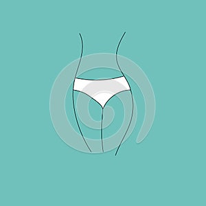 Hand drawn vector illustration of fragment womans lowers body silhouette hips in white panties on light blue background. Health