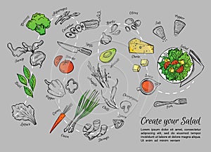 Hand drawn vector illustration of fresh salad with vegetables, c