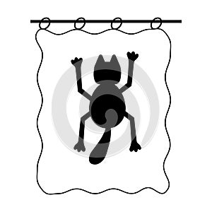 Hand drawn vector illustration a fun cute adult young black cat is hanging on the curtain on a white background