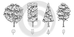 hand drawn vector illustration of geometic shape trees on white background.