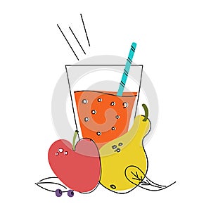 Hand drawn vector illustration of a glass with juice, smoothie on a white background. Cocktail tube. The drinks. Pear, apple, berr