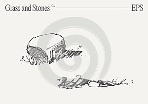 Hand drawn vector illustration of grass and rocks on blank backdrop. Isolated sketch.