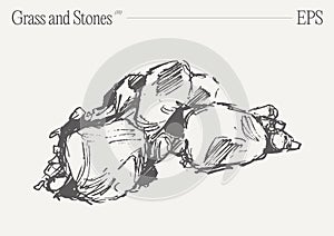 Hand drawn vector illustration of grass and rocks on blank backdrop. Isolated sketch.