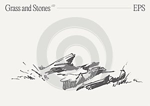 Hand drawn vector illustration of grass and rocks on blank backdrop. Isolated sketch.