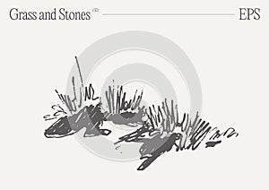 Hand drawn vector illustration of grass and rocks on blank backdrop. Isolated sketch.