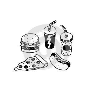 Hand drawn vector illustration of hamburger,pizza,hotdog,soft drink in cartoon style