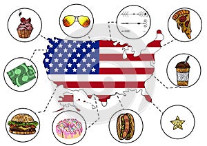 Hand drawn vector illustration of infographic elements of USA