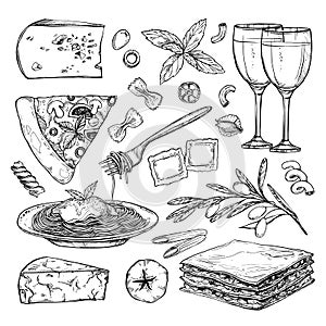 Hand drawn vector illustration - Italian food Different kinds