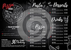 Hand drawn vector illustration - Italian menu. Pasta and Pizza.