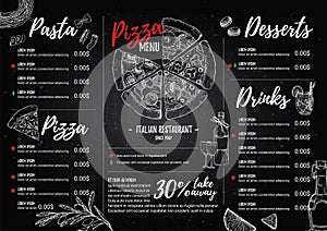 Hand drawn vector illustration - Italian menu. Pasta and Pizza.