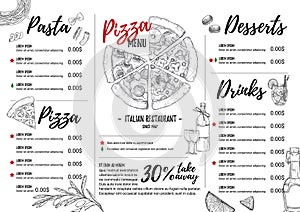 Hand drawn vector illustration - Italian menu. Pasta and Pizza.