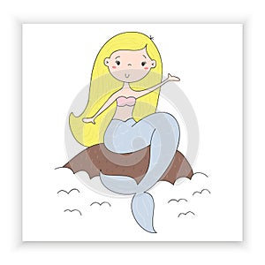 Hand drawn vector illustration with little mermaid cute print