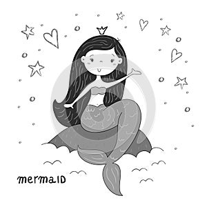 Hand drawn vector illustration with little mermaid cute print