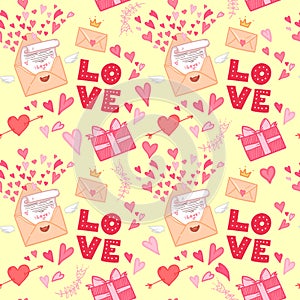 Hand drawn vector illustration. Love letter with hearts, gifts a