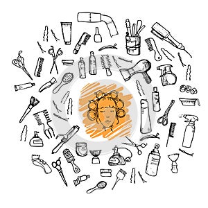 Hand-drawn vector illustration. Mega set - Hairdressing tools (scissors, combs, styling). Isolated on white background