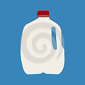 Hand drawn vector illustration of milk in plastic white gallon jug with red cap. Isolated on blue background.