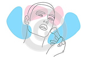 Hand drawn vector illustration in modern abstract style of a non binary face applying make up with a makeup brush