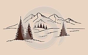 Hand drawn vector illustration of mountain landscape with pine trees
