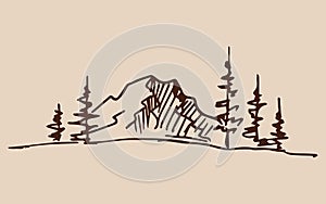 Hand drawn vector illustration of mountain landscape with pine trees