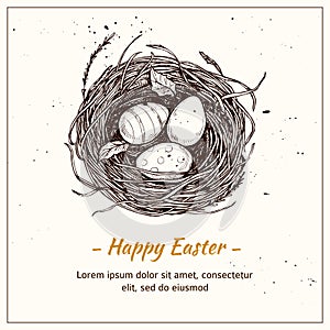 Hand drawn vector illustration - nest with Easter eggs. Happy Ea