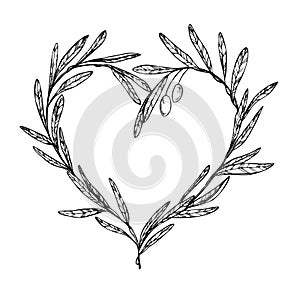 Hand drawn vector illustration - Olive branch, Heart Shaped Wreath