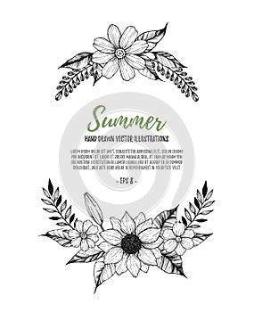 Hand drawn vector illustration. Oval Wreath with black flowers,