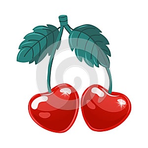 Hand drawn vector illustration of pair of heart shaped cherries. A drawing of cute red berries