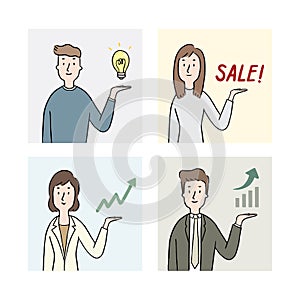Hand drawn vector illustration of people showing something. businessman with hand present chart and graph up.