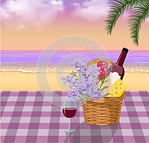 Hand drawn vector illustration of a picnic wicker basket and a glass of wine