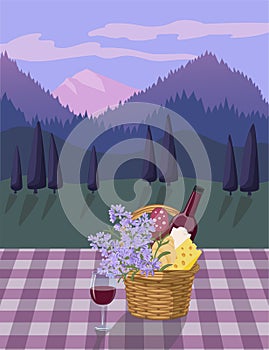Hand drawn vector illustration of a picnic wicker basket and a glass of wine