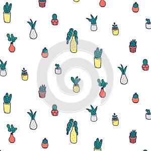 Hand drawn vector illustration of plants in pots pattern.