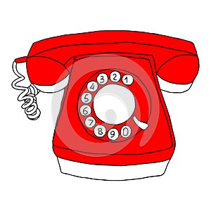 Hand drawn vector illustration of red old retro phone isolated on a white background