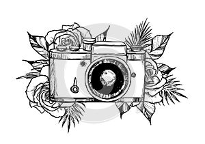 Hand drawn vector illustration - retro camera with flower bouquets. Roses and tropical leaves. Perfect for invitations, greeting