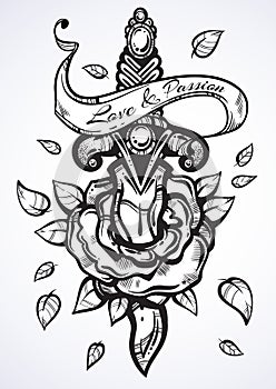 Hand drawn vector illustration of rose with knife. Beautifully detailed vintage artwork isolated. Dark romance. Tattoo design.