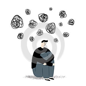 Hand drawn vector illustration of Sad man sitting on the floor with confuse bubble overhead on white background.