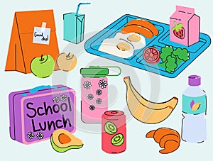 Hand-drawn vector illustration of school lunch setup